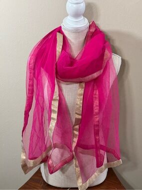 Fuchsia Scarf with  Embroidered Gold stole Indian Dupatta Sari Saree Wrap